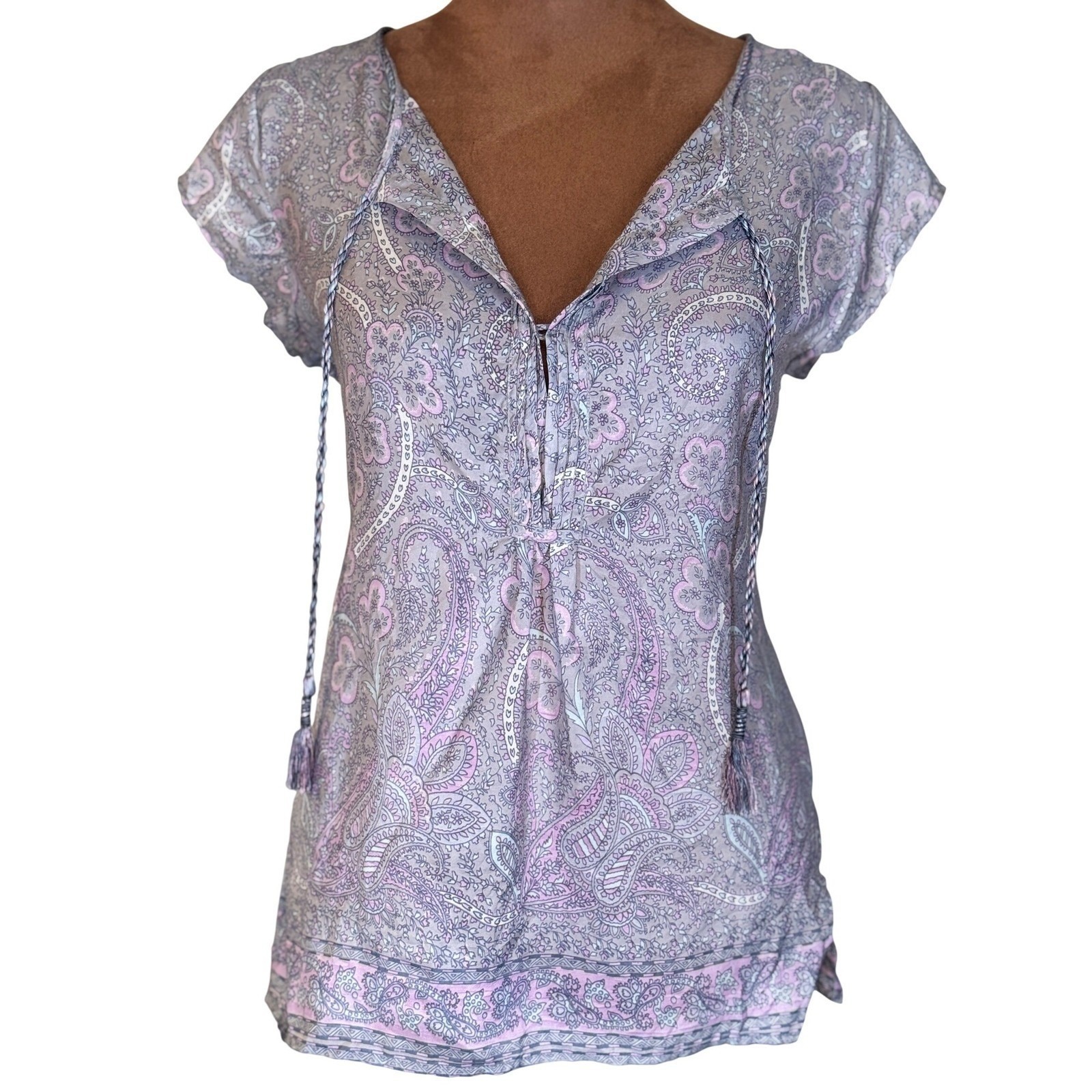 Calypso St. Barth Silk Cap Sleeve Top/Blouse Women's S Purple Gray Paisley Euc